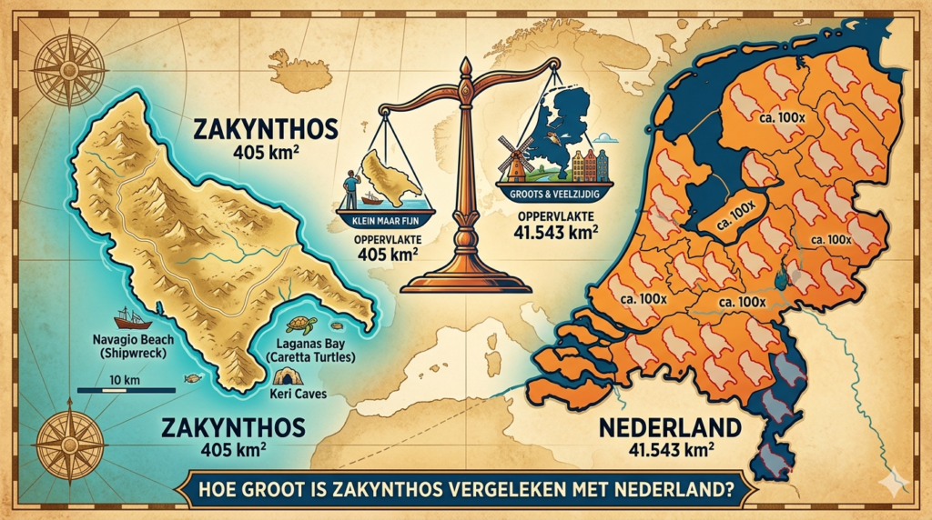 Hoe groot is Zakynthos vergeleken met Nederland?